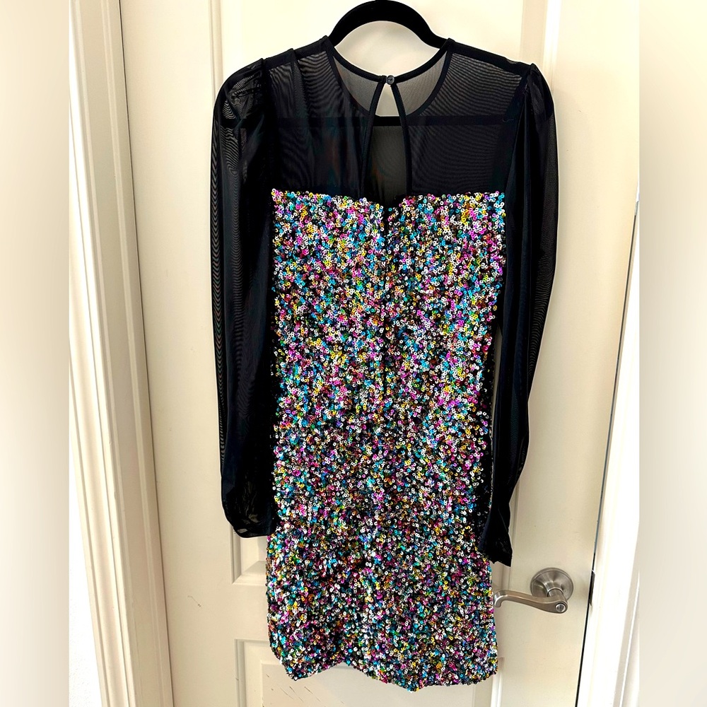 Fun and sparkly rainbow sequin dress great for holidays, birthdays, NYE parties!
